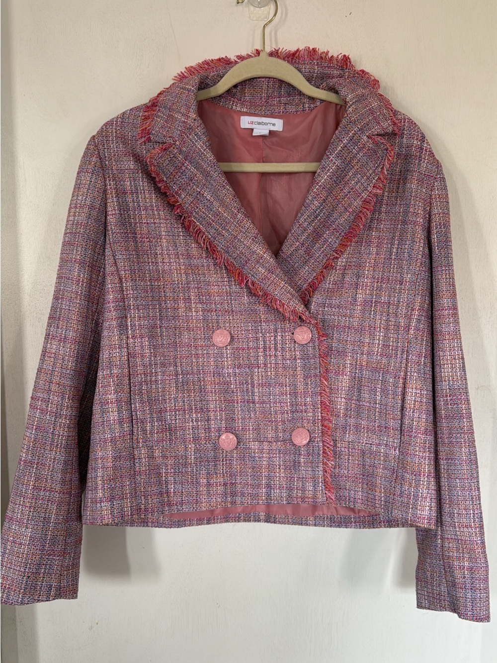 Liz Claiborne Pink Multi-Thread Tweed Double-Breasted Fringe Jacket
